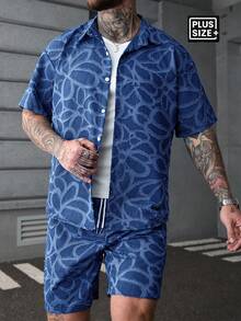 SLATEMANN Men's Plus Size Jacquard Denim Effect Short Sleeve Shirt And Shorts Set, Ceremony - Navy Blue - View 3