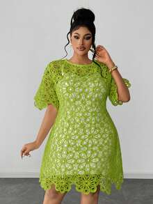 Maweii Robe élégante à manches courtes, col rond, couleur unie et ajourée, grande taille - Jaune moutarde - Voir 4