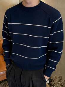 DAZY Men's Navy Blue Base White Striped Sweater, Autumn - Navy Blue - View 3