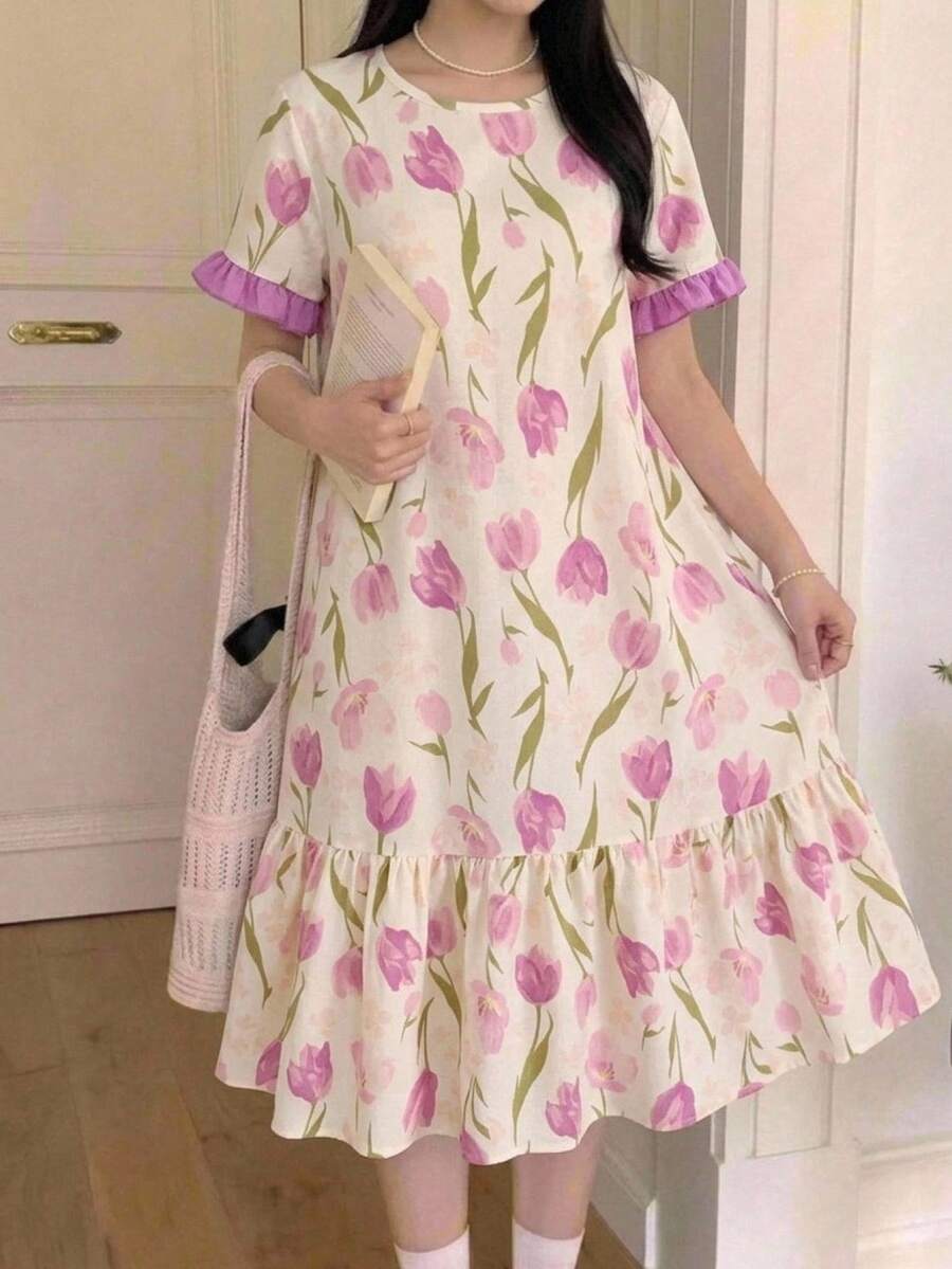 SHEIN Casual Vacation Tulip Floral Print Short Sleeve Ruffle Hem Long Dress For Tween Girl - Multicolor - View 1