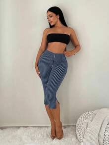 SHEIN SXY 女款條紋休閒百搭日常出遊緊身內搭褲 - 藏蓝色 - 查看 3