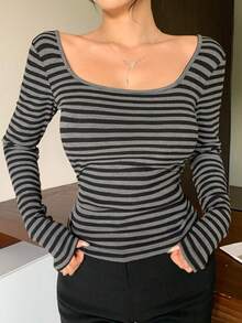 DAZY Loose Striped Colorblock Patchwork Long Sleeve Long Women's T-Shirt - Grey - View 7