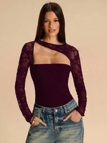 SHEIN BAE 春夏季純黑色不對稱肩長袖蕾絲網眼連身衣女款，黑色蕾絲連身衣 - 紫紅色 - 查看 6