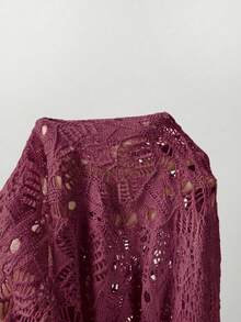 SHEIN PariChic 新款杏色海灘度假風鉤編手工感蕾絲針織高腰抽繩蕾絲感寬腿長褲 - 酒紅色 - 查看 4
