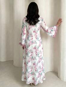 Yasmyna 方領蕾絲流蘇 3/4 袖喇叭袖女款阿拉伯風洋裝 - 粉色 - 查看 3