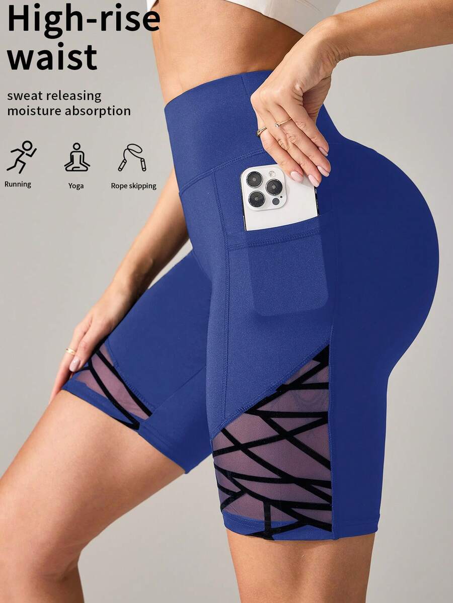 Easithlete Easithlete Celana Pendek Wanita Model Saku Jala Patchwork Kasual Serbaguna untuk Aktivitas Olahraga Sehari-hari - Royal Blue - View 1