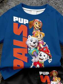 SHEIN | PAW Patrol 男嬰休閒簡約T恤套裝，適合夏季，撞色圖案印花，可愛小狗爪印，經典可愛勇敢動漫圖案印花，Chase、Rubble、小狗小隊圖案印花 - 彩色 - 查看 5