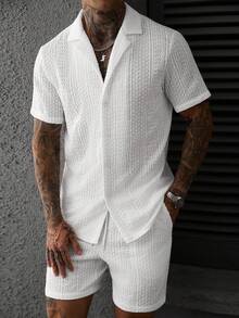 SLATEMANN Men's White Jacquard Short Sleeve Shirt & Drawstring Shorts Set,Summer Tropical Vacation Fashionable Casual Outfit For Cocktail Party,Daily Office - White - View 6