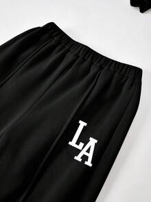 SHEIN 青少年女孩休閒「LA」字母印花針織素色寬鬆落肩長袖衛衣＋百褶寬腿運動褲套裝，女孩秋季服裝，女孩秋季穿搭，女孩冬季服裝 - 黑色 - 查看 3