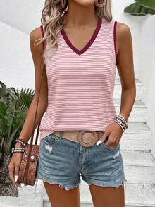 EMERY ROSE Top de tirantes casual y versátil para mujer, primavera/verano, nuevo, con cuello en V, estampado de rayas y diseño de bloques de color - Multicolor - Ver 4