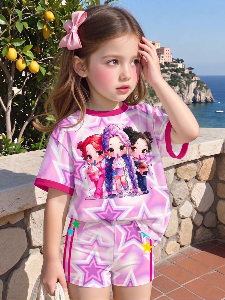 SHEIN 2件裝少女漸層五星卡通女孩印花休閒百搭圓領短袖T恤 + 緊身短褲,適合日常穿著、度假,舒適自在,休閒風格,少女夏季輕鬆休閒穿搭上衣 - 彩色 - 查看 1