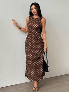 SHEIN PETITE Women's Elegant Vintage Polka Dot Print Backless Tie-Waist Sleeveless Dress, Summer Long Brown And White Polka Dot Split Sundress, Petite Vacation - Brown - View 5