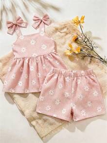 SHEIN 2 Packs Baby Girl Toddler/Newborn 0-3 Years Old Spring/Summer Casual Daily Cute Vacation Striped Bow Pattern Camisole Top + Shorts Set - Baby Pink - View 4