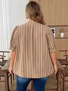SHEIN CURVE+ Plus Size Women Casual Vacation Notched Collar All-Over Print Petal Sleeve Shirt Vacation White Summer - Khaki - View 9