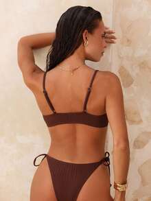 SHEIN Swim Women's Summer Beach Solid Color Front Tie Sexy Fashion Bikini Two-Piece Swimsuit Set - Brown - View 2