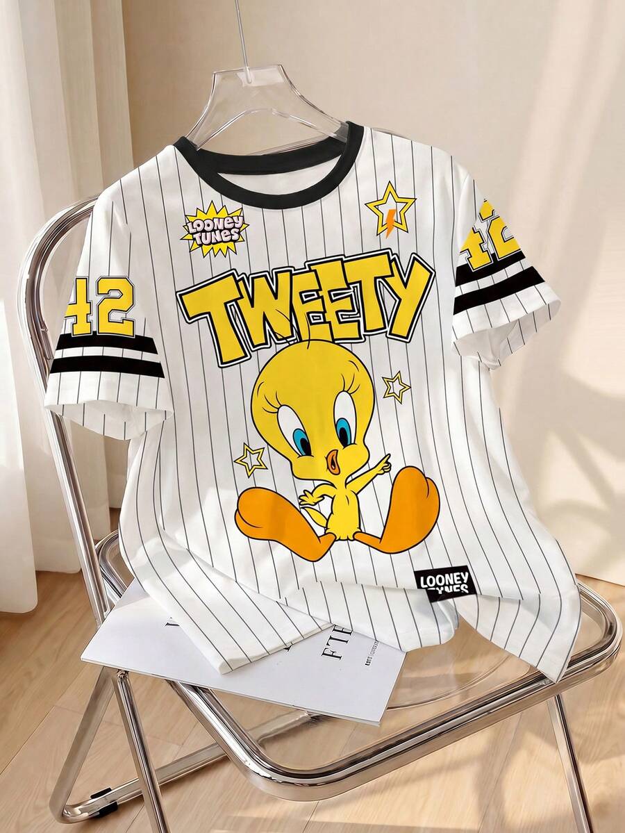 LOONEY TUNES X SHEIN 崔弟条纹数字字母图案休闲可爱图案短袖 T 恤女款,舒适夏季 - 白色 - 查看 1
