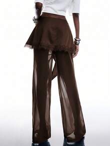 LYSMO Women's Solid Color Contrast Lace 2 In 1 Fashion Long Pants Night Party Vacation Dark Brown Summer Disco Sexy Y2k - Coffee Brown - View 2