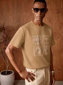 AKNOTIC Business Casual 男士夏季休閒度假刺繡短袖寬鬆版型T恤 - 卡其色 - 查看 5