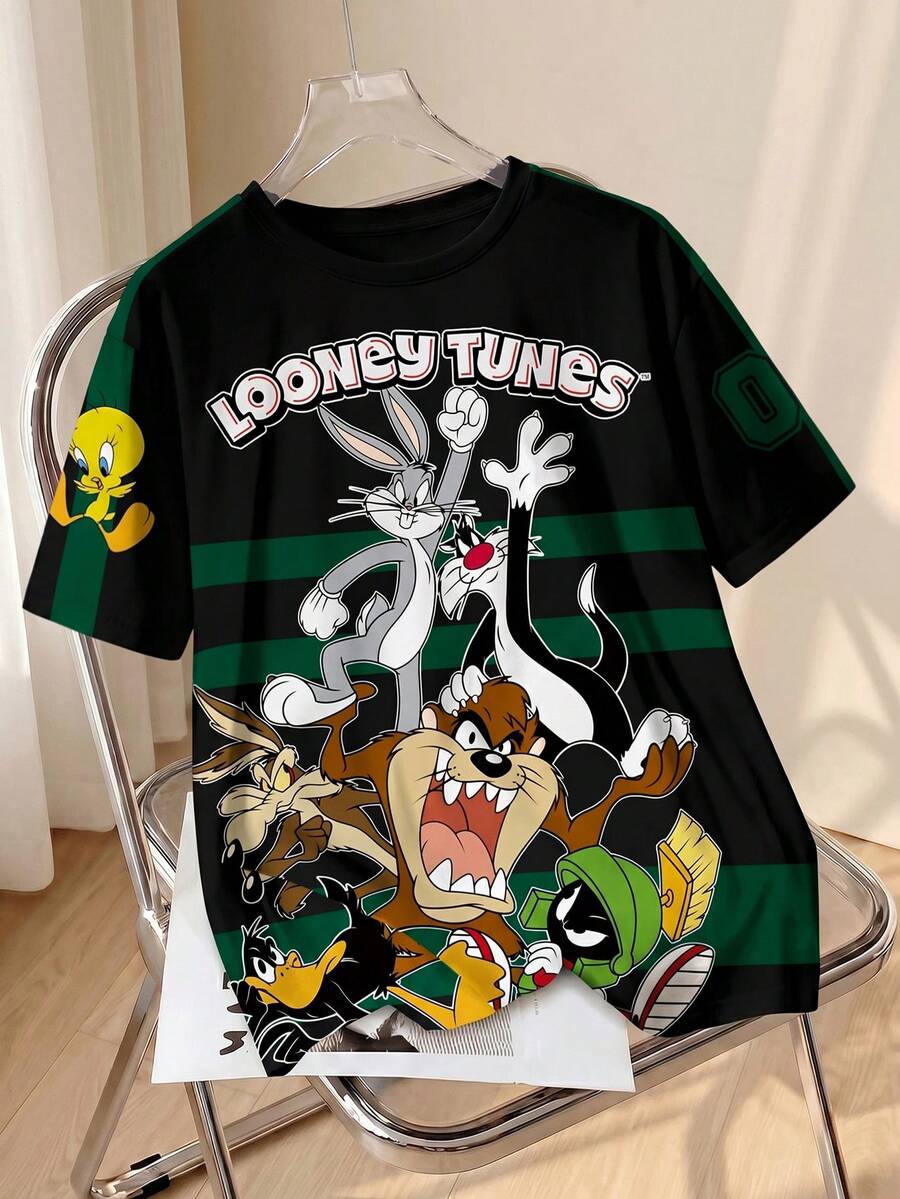LOONEY TUNES X SHEIN 男士字母与卡通图案圆领短袖T恤 - 白色 - 查看 1