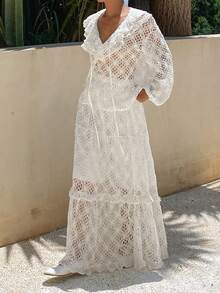 Livesso Summer Hollow-Out Style Top And Women's Semi-Transparent Loose Top With Floor-Length Skirt, Vacation Beach Style 2 Pieces Set White Tropical - White - View 5