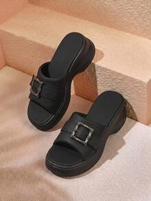 HighSole 全新夏季百搭休闲罗马凉鞋，女式钩环扣运动沙滩鞋高底春假优雅装扮华丽编辑轻松舒适波西米亚风度假城市盛典夏季 - 黑色 - 查看 1