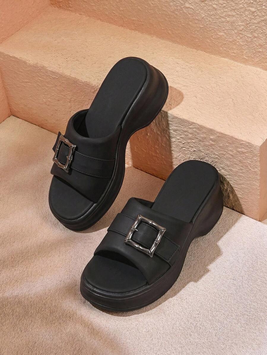 HighSole 全新夏季百搭休闲罗马凉鞋,女式钩环扣运动沙滩鞋高底春假优雅装扮华丽编辑轻松舒适波西米亚风度假城市盛典夏季 - 黑色 - 查看 1