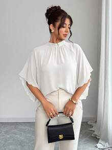 Elenzga Women's Plus Size Spring/Summer Round Neck Gathered Cuff Wavy Edge Design Loose Blouse - White - View 1
