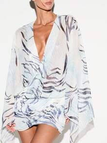 KIZN Zebra Print Plunge V-Neck Mini Dress With Extreme Kimono Sleeves Ruched Skirt Summer Party - Multicolor - View 6