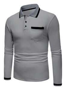 Manfinity Homme 男士長袖極簡風 Polo 衫，儀式穿著 - 灰色 - 查看 3