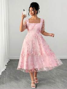 Elenzga Women's Elegant Pink Square Neck Puff Short Sleeve Elastic Waist Invisible Zipper Heavy Embroidery Floral Midi Dress,Daily, Commuting, Dating, Party - Pink - View 3