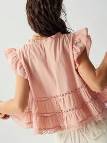 Bohemela Women's Summer Pink Woven Babydoll V-Neck Blouse,Ruffle + Lace Patchwork,Beach/Vacation/Festival/Party,Juneteenth,World Cup - Baby Pink - View 7