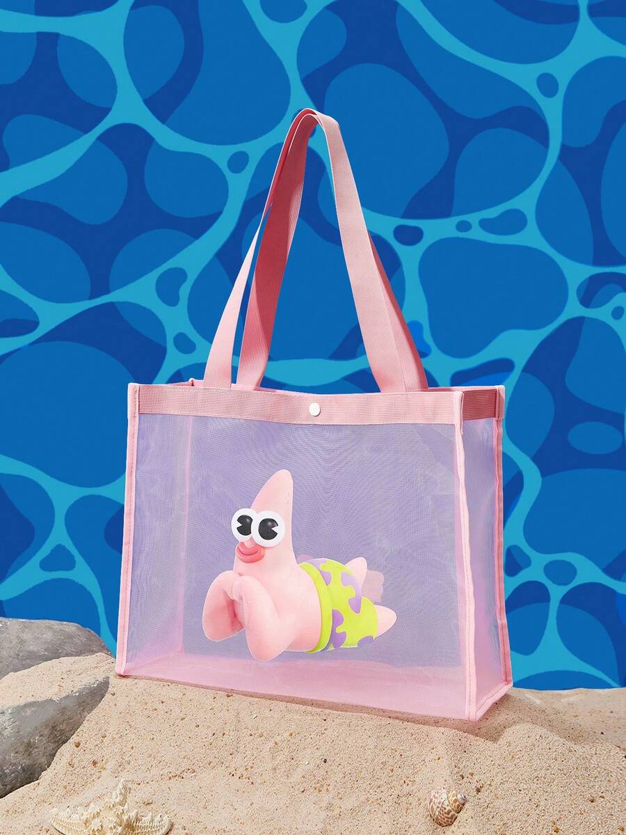 SpongeBob SquarePants | SHEIN 粉色網格托特包,印花圖案,大容量,易於攜帶,適合度假、旅行、購物 - 淺粉色 - 查看 1