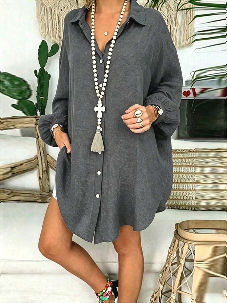 INAWLY Plus Size Women's Solid Color Long Sleeve Single Breasted Loose Casual Long Shirt - Grey - View 1