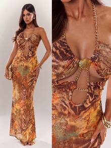 Radiana Women's Halter Neck Shell Chain Hollow Snake Skin Leopard Print Extra Long Dress - Multicolor - View 6