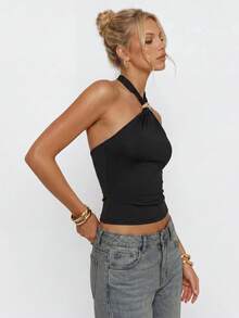 Avantive Women's Solid Color Metal Decor Halter Neck Top 2pcs Set - Black - View 7