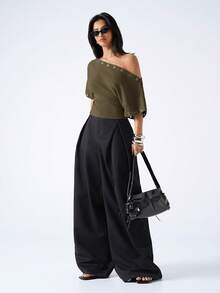 LYSMO Women's Summer Fashion Solid Color Asymmetric Neck Waist-Cinching T-Shirt - Army Green - View 4