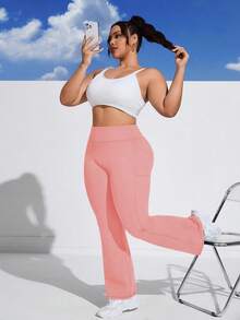 SHEIN Rhythm Era Plus Size Women High Waist Tummy Control Flared Workout Pants With Side Pockets, All Season Yoga Jogger Pants For Commute Running Gym - Pink - View 4