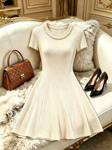Elenzga Apricot Pearl Round Neck Short Sleeve Ribbed Cinched Waist A-Line Women's Short Dress - Apricot - View 4