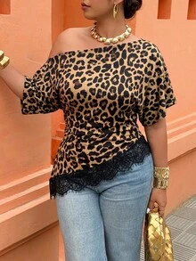Weeklong Plus Size Women's Spring/Summer Asymmetric Neckline Asymmetric Hem Lace Patchwork Leopard Print Casual Sexy Business Casual Vacation T-Shirt - Multicolor - View 6