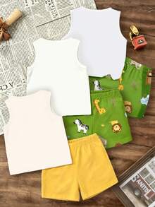 6pcs/Set Baby Boy Outfit, Cute & Lively Forest Animal Print Vest Top Paired With Matching Animal Print Shorts, Fashionable Summer Outfit - Multicolor - View 2