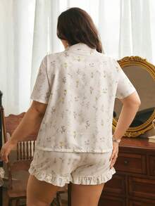 Côtesoire Set Piyama Ukuran Plus Motif Bunga Kecil Romantis Prancis, Motif Pastoral, Kontras Renda, Lengan Pendek, Tenun - MultiWarna - View 2