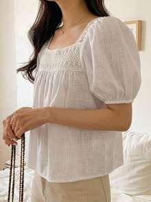 DAZY Blus Lengan Mengembang Warna Polos Kasual Musim Panas - Aprikot - View 2