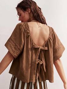 Bohemela Casual Solid Color Woven Loose Fit Women's Shirt - Brown - View 5
