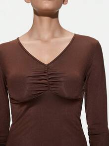 SHAPORA Pijama superior de mujer de unicolor con cuello en V, manga larga y fruncido - Café integral - Ver 7
