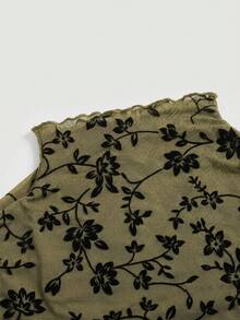 SHEIN MOD Plus Size Velvet Mesh Stand Collar T-Shirt, For Winter - Army Green - View 5