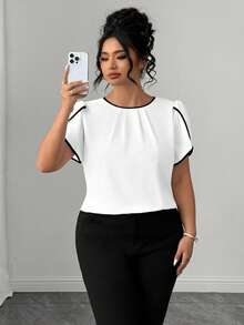 Elenzga Plus Size Women's Patchwork Round Neck Top With Ruffle Short Sleeves And Trim - Black and White - View 8