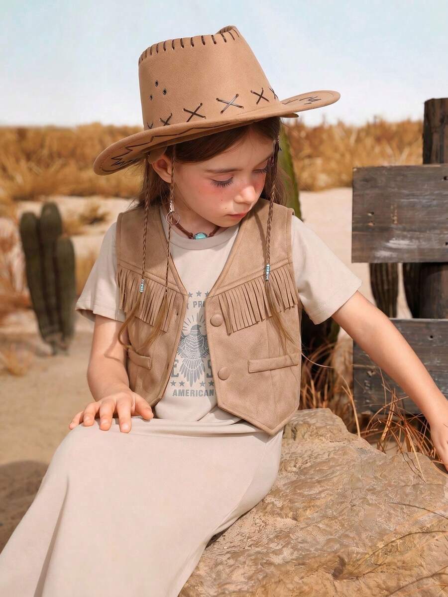 Girls' Brown Leather & Fleece V-Neck Vest With Front Panel Patchwork, Tassel, Faux Pockets, Button Placket, V-Hem Trim, Western Country Vacation Style, Thin For Autumn/Winter - Khaki - View 1