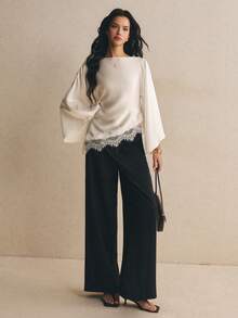 Poéselle Áo blouse nữ thanh lịch đi làm màu trơn tay chuông phối ren vạt bất đối xứng - trắng - Xem 6