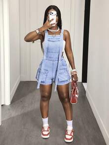 BamGleam Women's Casual Denim Overall Shorts With Pockets For Daily Outings - Blue - View 6