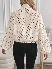 SHEIN LUNE Chaqueta casual de mujer para vacaciones de verano, ir al trabajo y uso diario, básica de moda, con lunares, para otoño/invierno, corta, con bolsillos y cremallera - Albaricoque - Ver 2